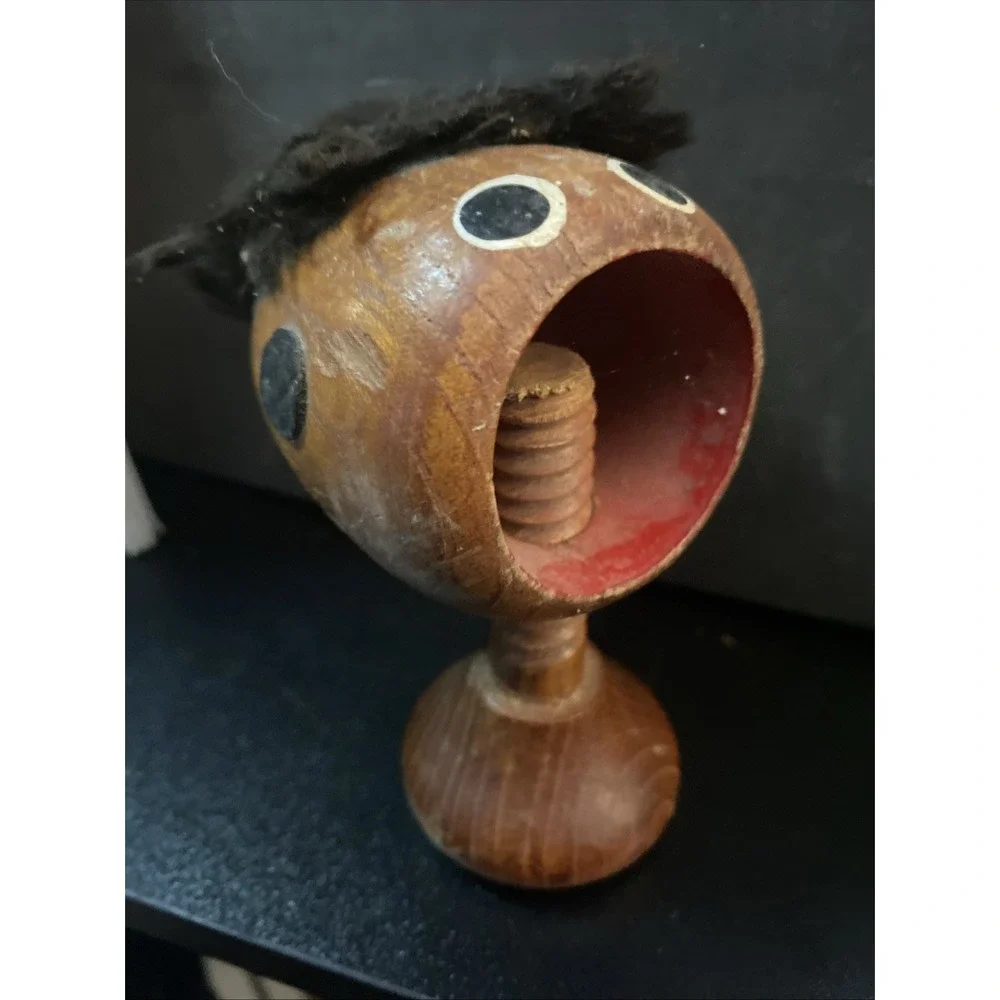 Vintage Mid Century Modern Wood Screw Nutcracker w Funny Face Hair Danish G3